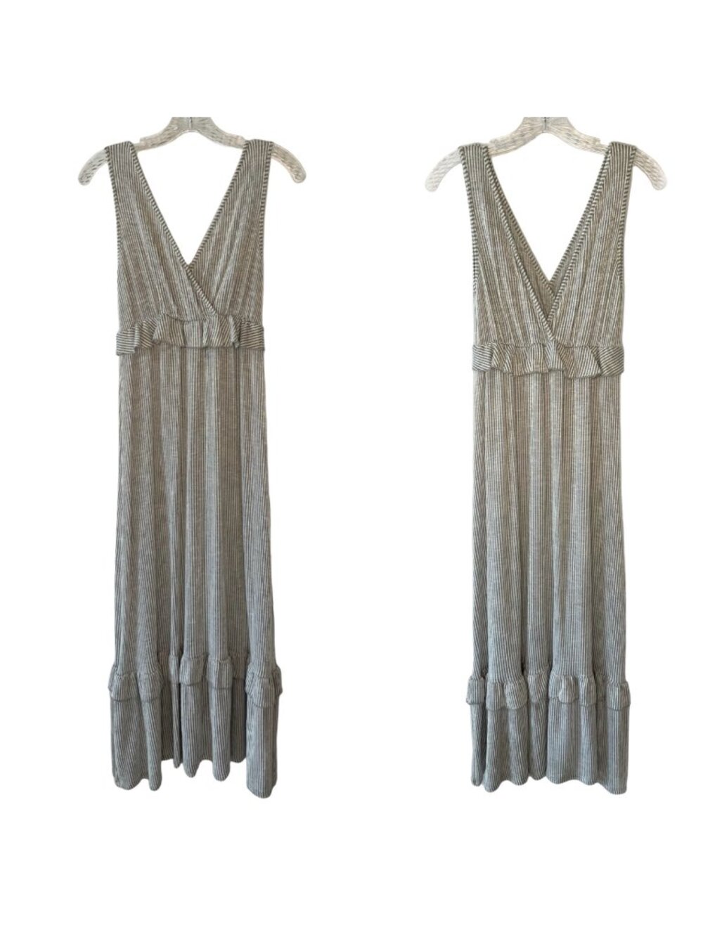 CAUTION TO THE WIND Gray + White Striped V-Neck Midi Ruffle Hem Dress NWT Small